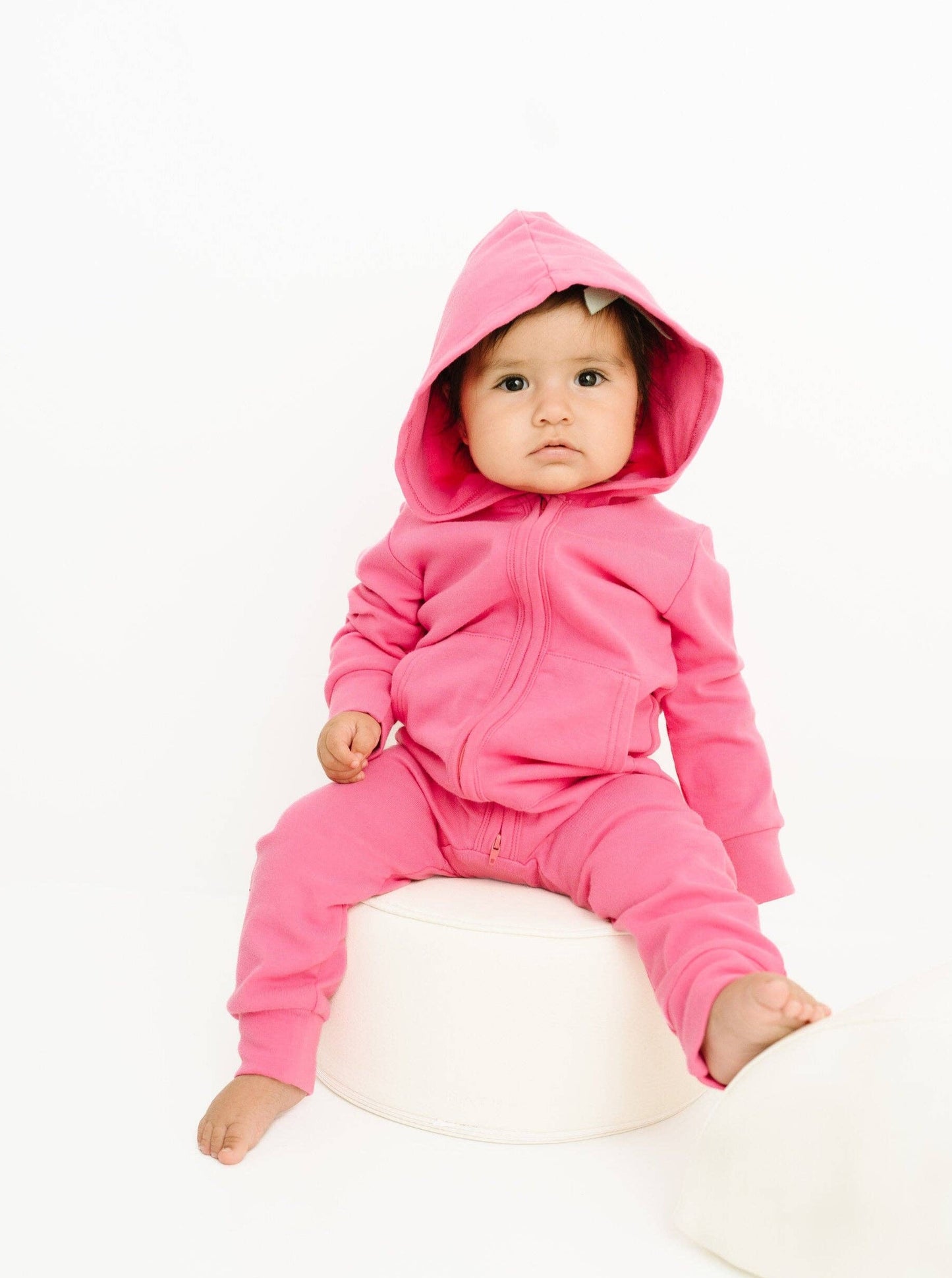 Zip Up Hooded Romper | Bright Pink