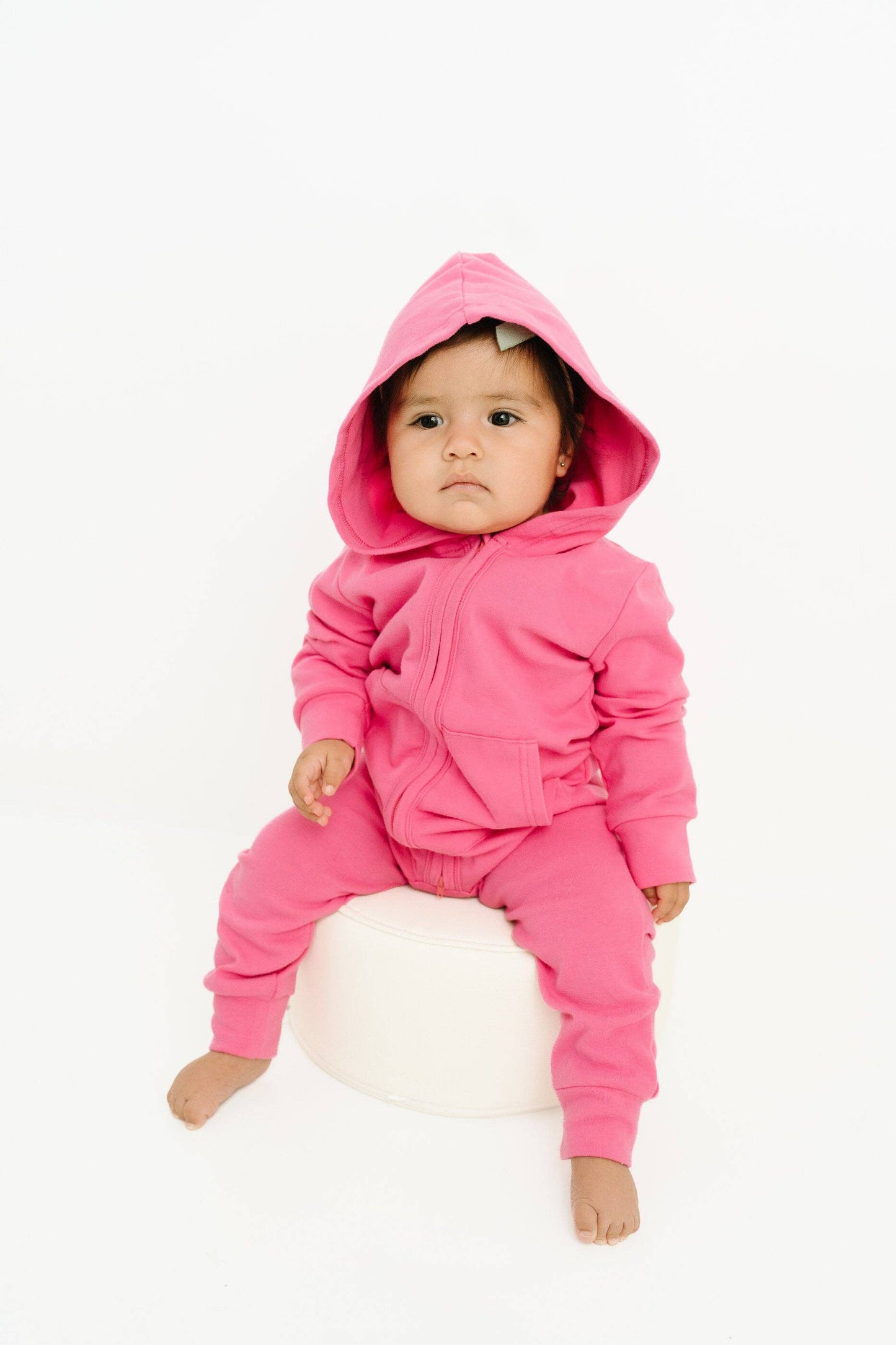 Zip Up Hooded Romper | Bright Pink