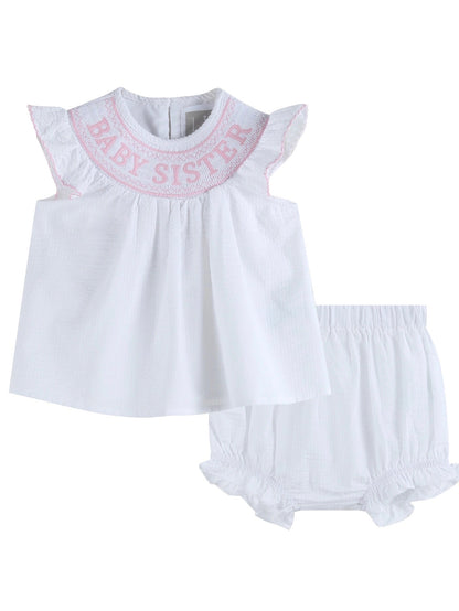 PREORDER | White Baby Sister Smocked Dress and Bloomer Set