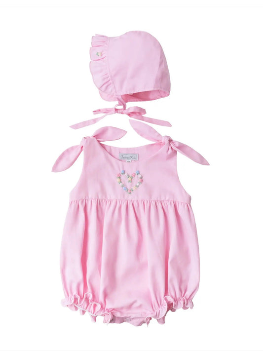 Pink Rosebud Embroidered Bubble + Bonnet