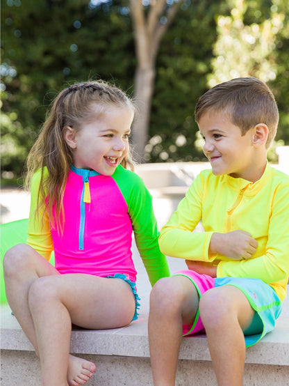 Boys Neon Color Block Dolphin Hem Swim Trunks