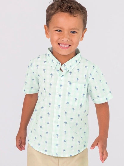 Palm Tree Gingham Short Sleeve Button Down Shirt