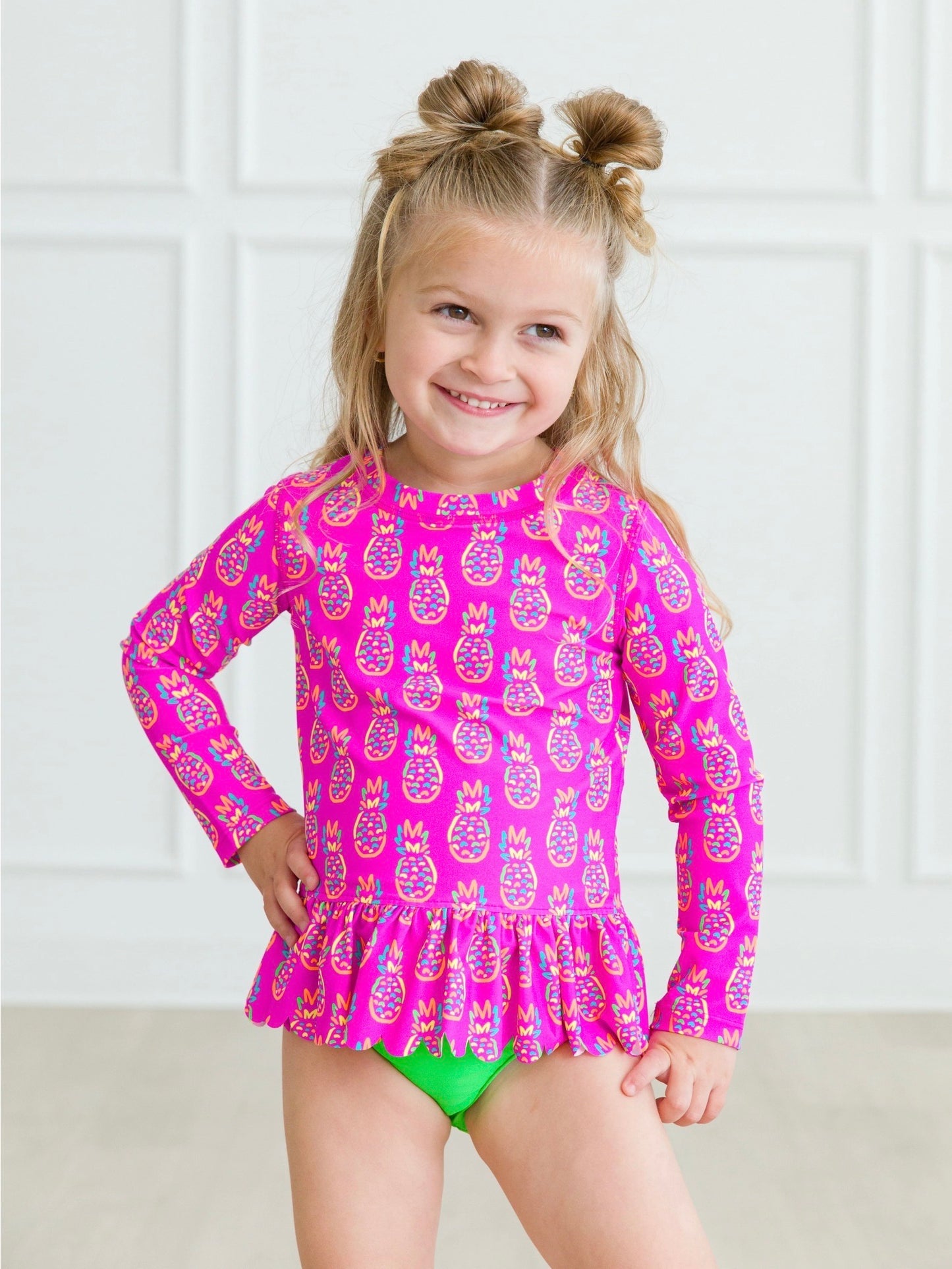 Girls Neon Violet Pineapples Scalloped Long Sleeve Rash Guard 2-Piece