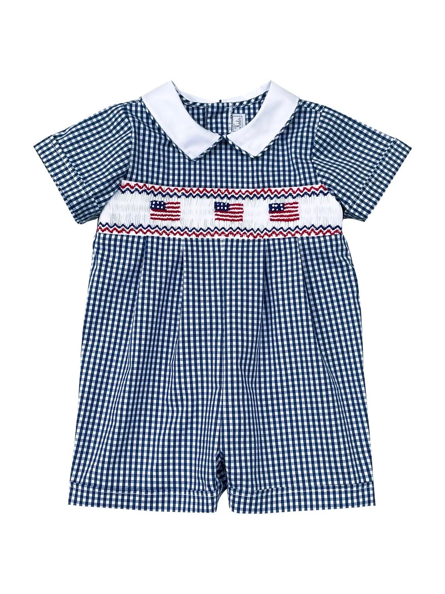 Navy Gingham Flag Smocked Romper