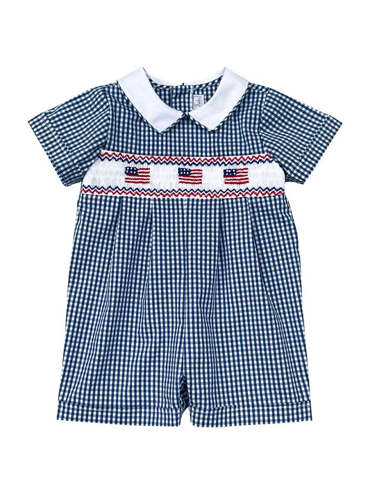 Navy Gingham Flag Smocked Romper