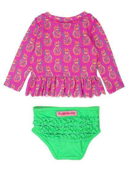 Girls Neon Violet Pineapples Scalloped Long Sleeve Rash Guard 2-Piece