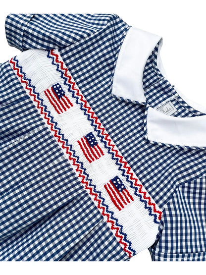 Navy Gingham Flag Smocked Romper