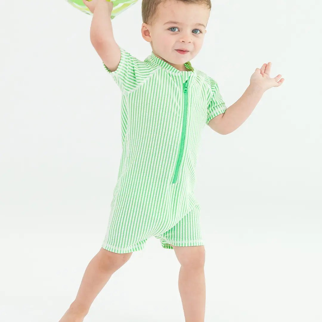 PREORDER | Baby Boys Spring Green Seersucker Short Sleeve One Piece Rash Guard