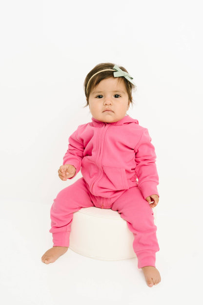 Zip Up Hooded Romper | Bright Pink