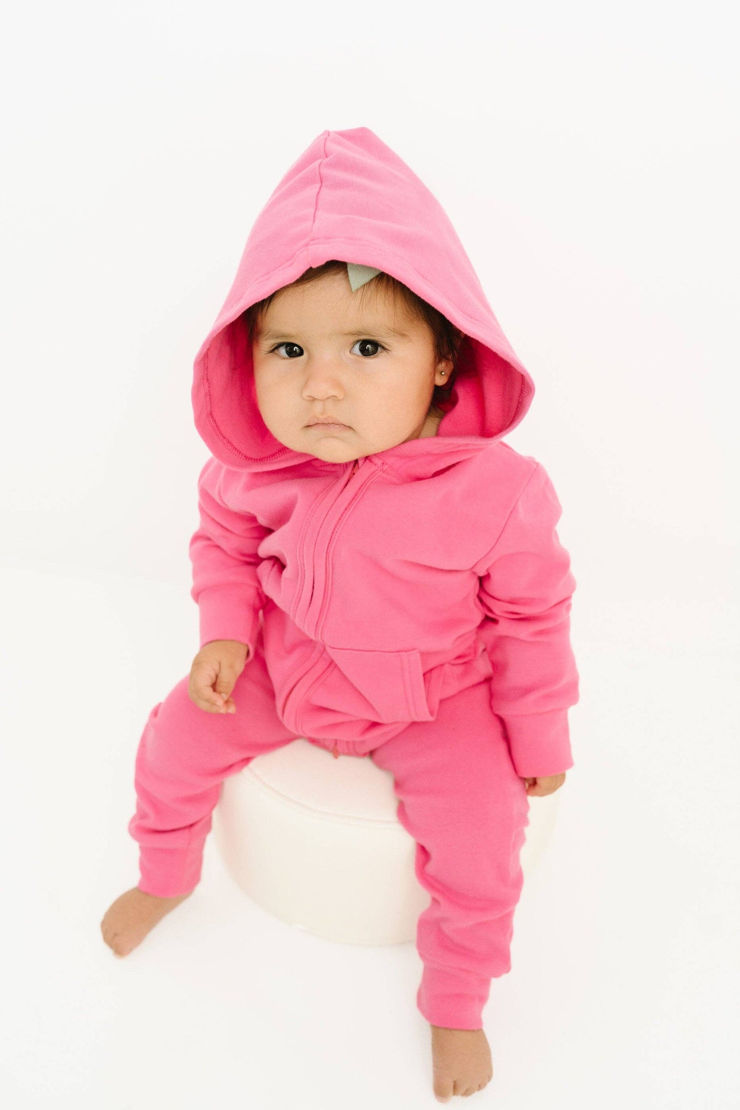 Zip Up Hooded Romper | Bright Pink