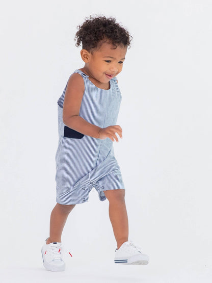 Baby Boys Blue Seersucker Classic Jon Jon Romper - Little Baby