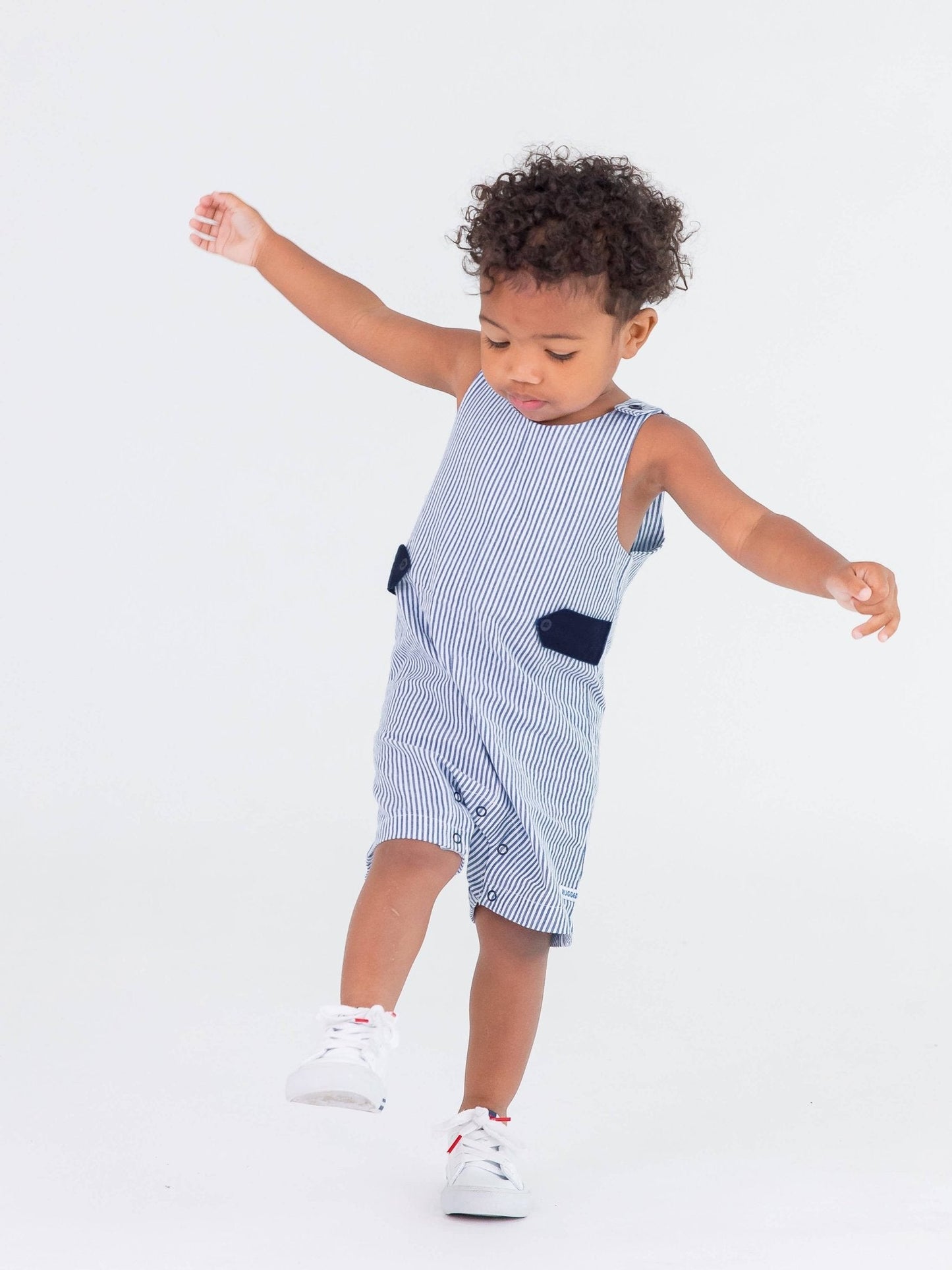 Baby Boys Blue Seersucker Classic Jon Jon Romper - Little Baby