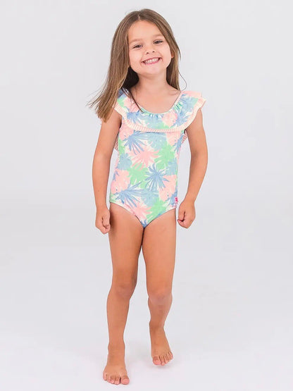 Girls Pastel Palms Scoopback Ruffle One Piece - Little Baby