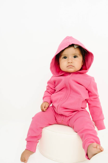 Zip Up Hooded Romper | Bright Pink